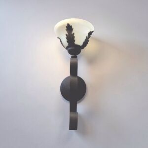 Vintage Wrought Iron Wall Sconce W/Alabaster Shade Candle.Size L,17”Long